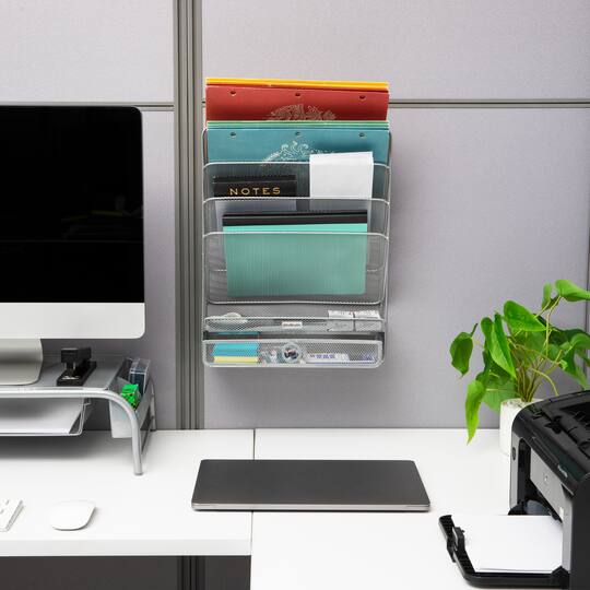 Mind Reader 4-Tier Vertical File Storage, Desktop Organizer, Wall Mount, Office, Metal Mesh, 12.5"L x 4"W x 16.5"H